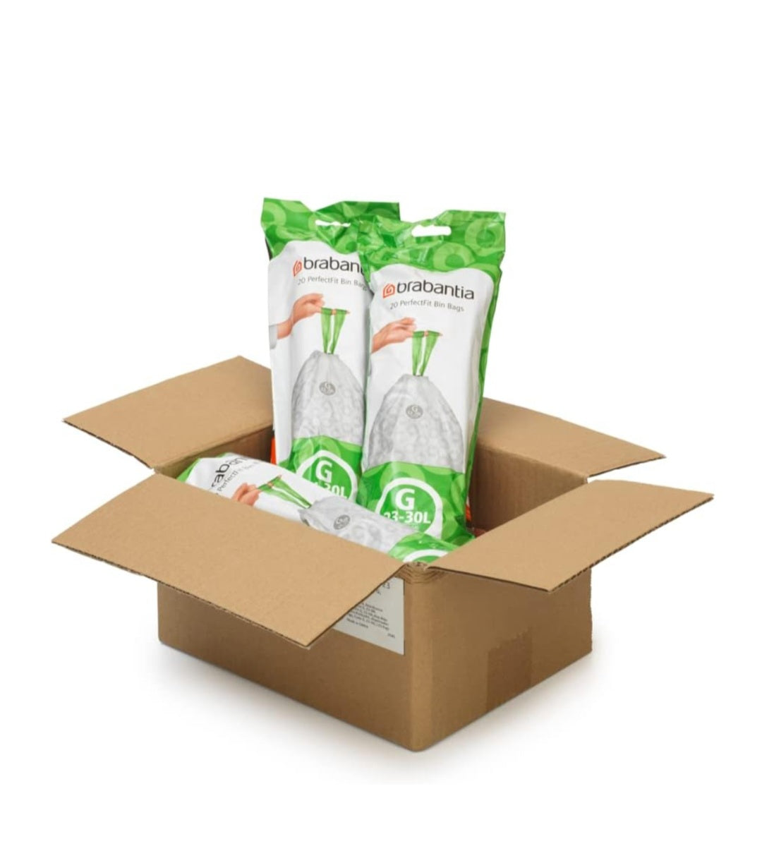 Brabantia PerfectFit Bin Liners G 23–30L (120 Bags) – Thick White Trash Bags with Drawstring Handles