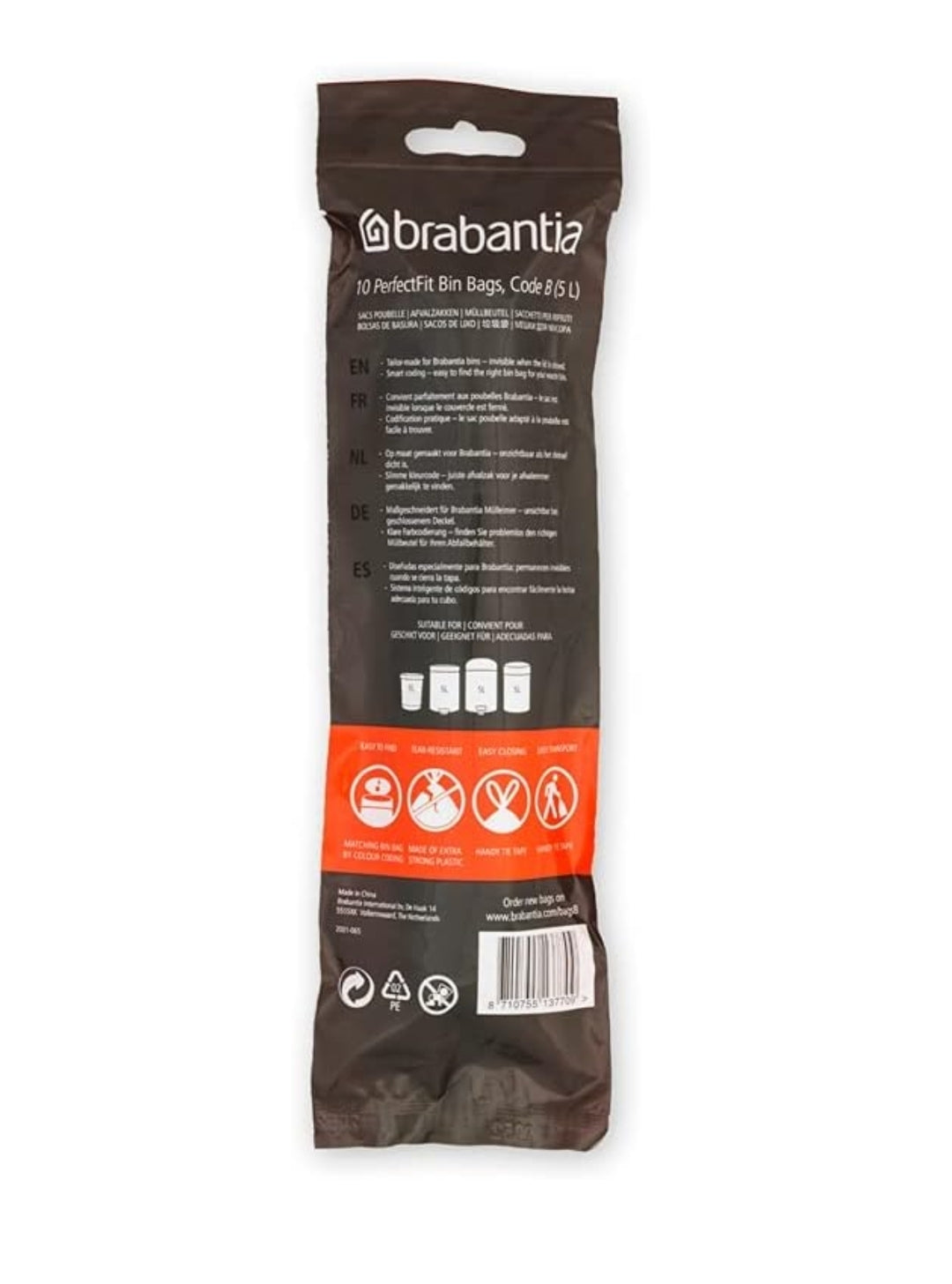 Brabantia PerfectFit Bin Liners B 5L (200 Bags) – Thick White Trash Bags with Drawstring Handles