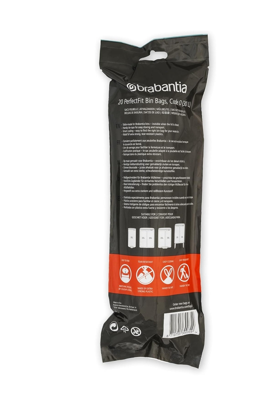 Brabantia PerfectFit Bin Liners O 30L (120 Bags) – Thick White Trash Bags with Drawstring Handles