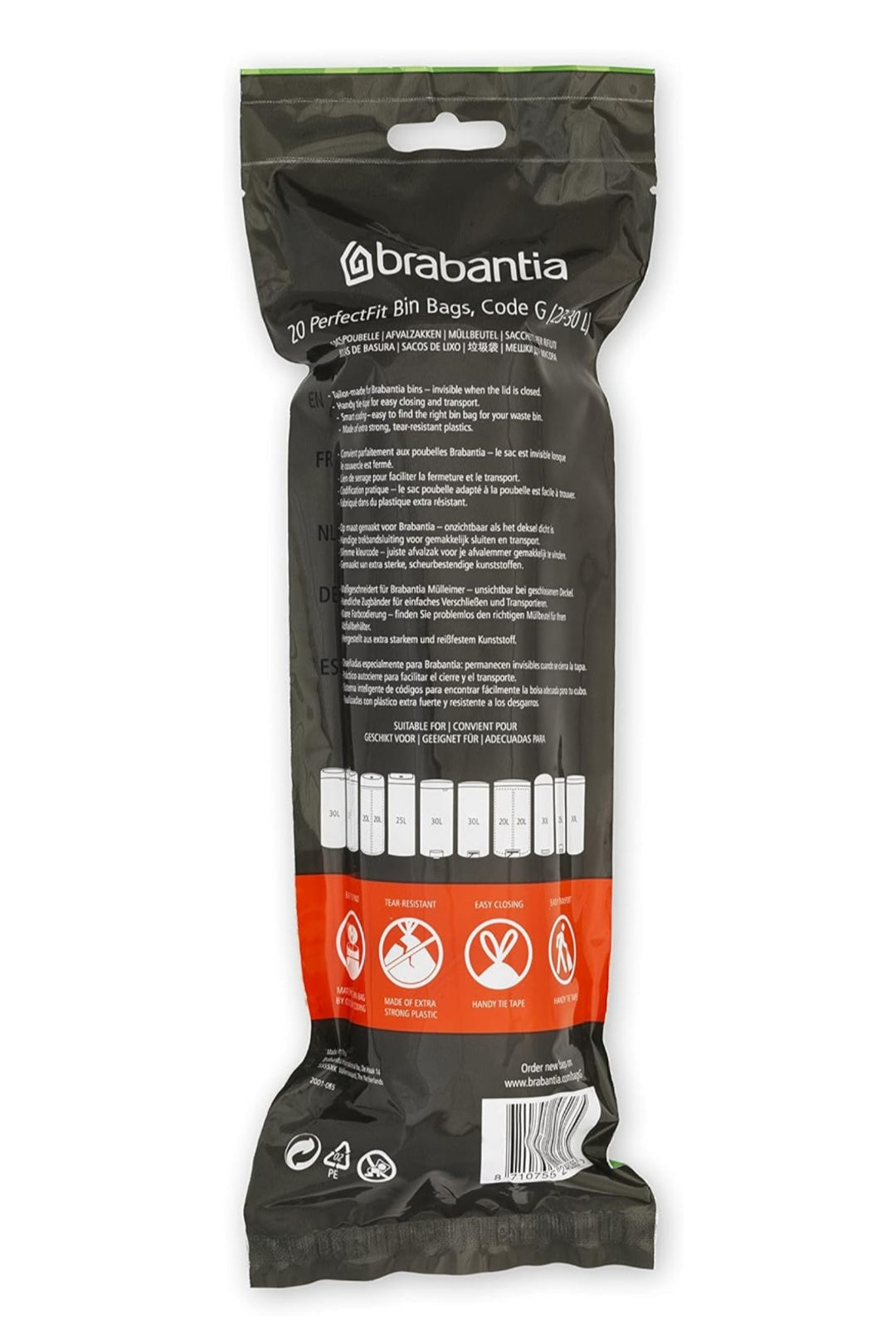 Brabantia PerfectFit Bin Liners G 23–30L (120 Bags) – Thick White Trash Bags with Drawstring Handles
