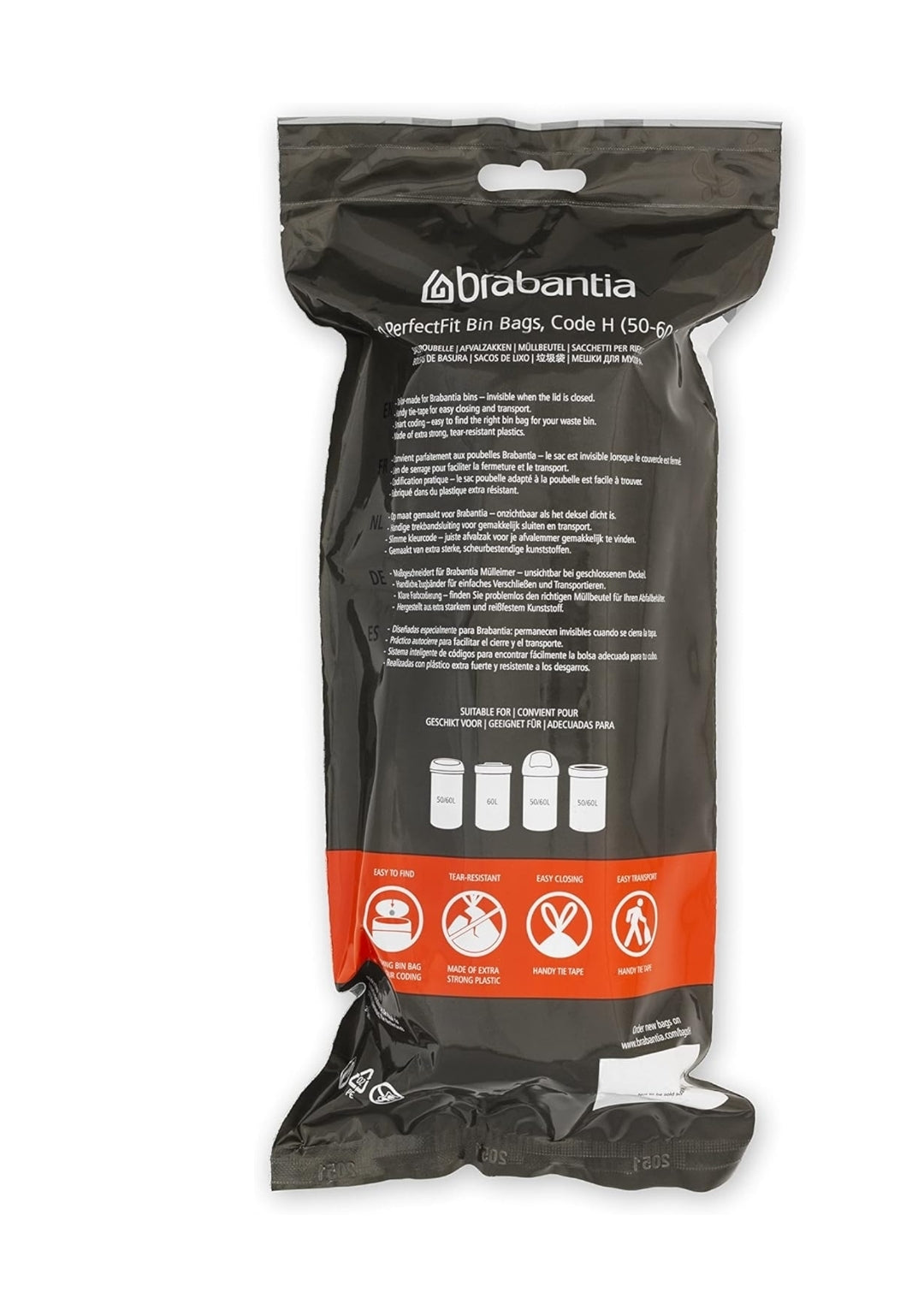 Brabantia PerfectFit Bin Liners H 50–60L (120 Bags) – Thick White Trash Bags with Drawstring Handles