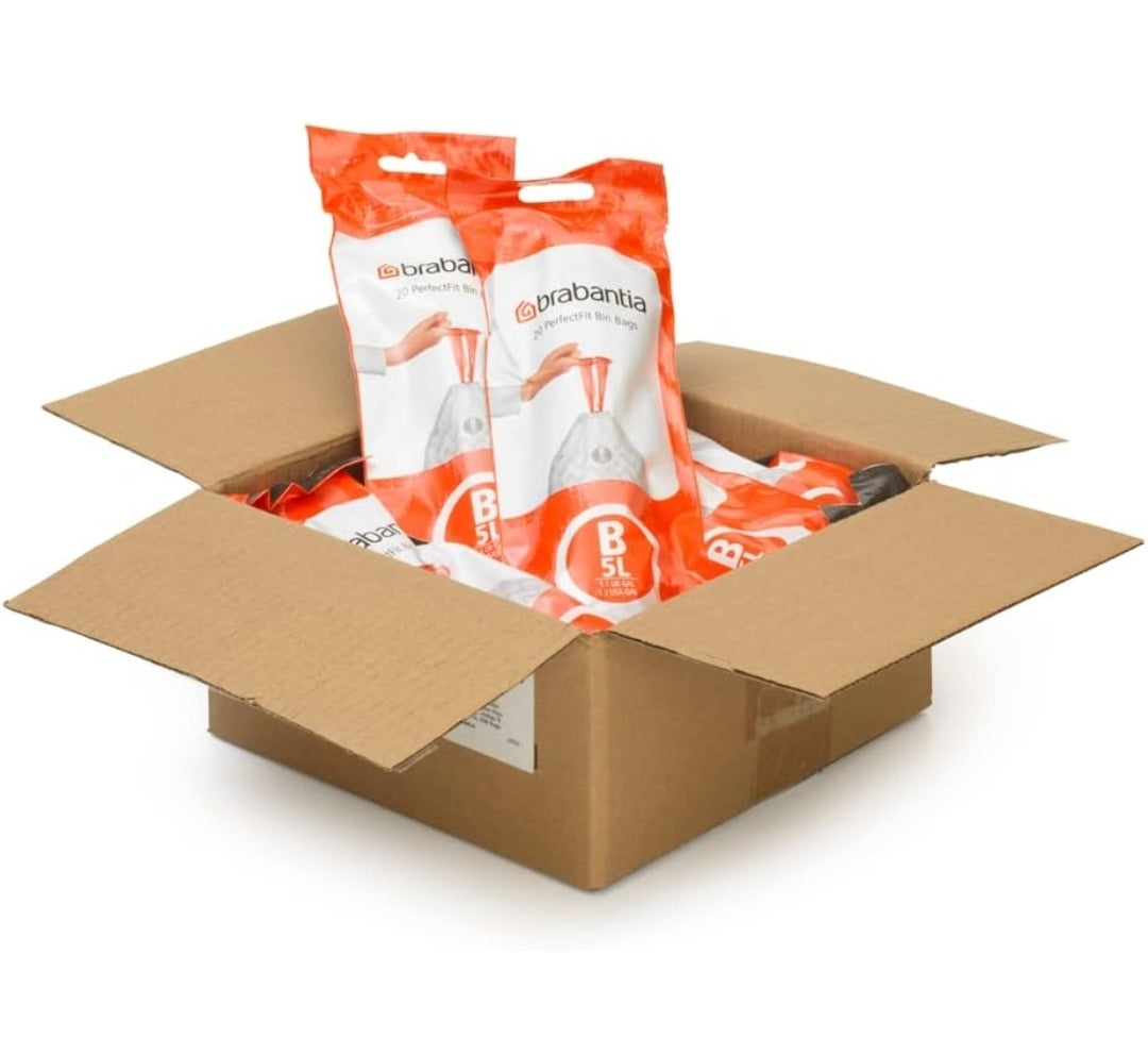Brabantia PerfectFit Bin Liners B 5L (200 Bags) – Thick White Trash Bags with Drawstring Handles