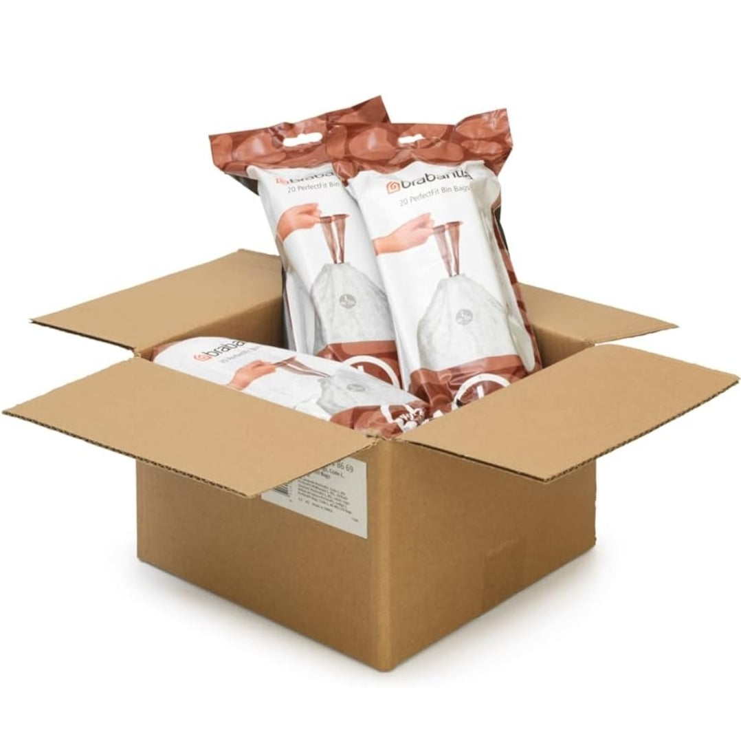 Brabantia PerfectFit Bin Liners L 40–45L (120 Bags) – Thick White Trash Bags with Drawstring Handles (6 packs)