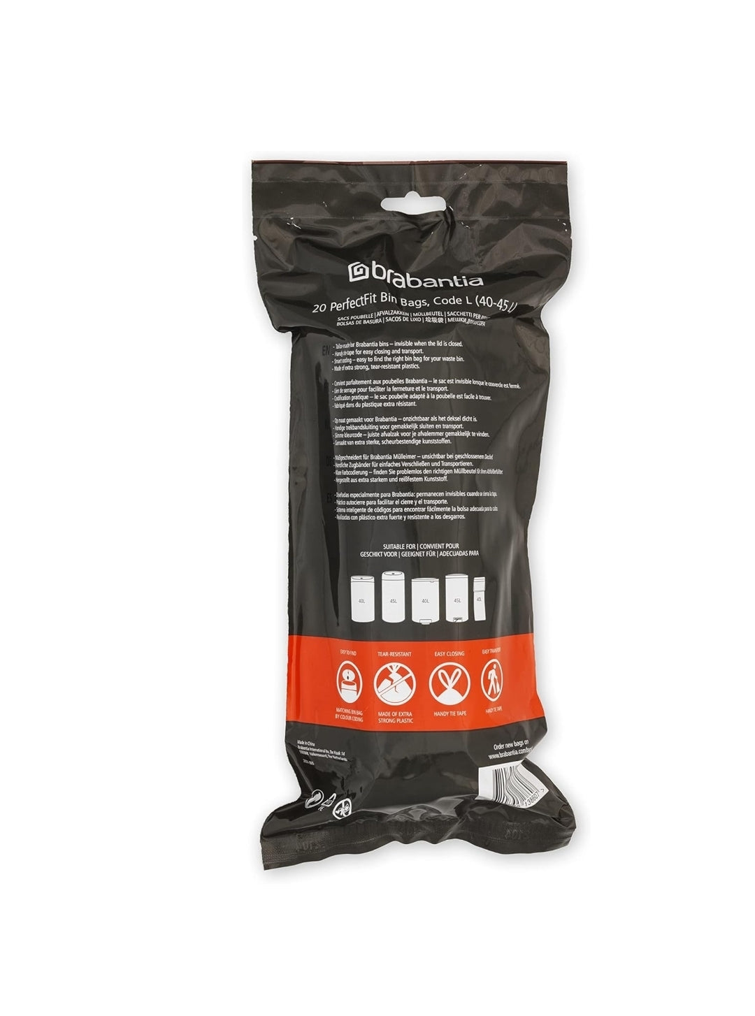 Brabantia PerfectFit Bin Liners L 40–45L (120 Bags) – Thick White Trash Bags with Drawstring Handles (6 packs)