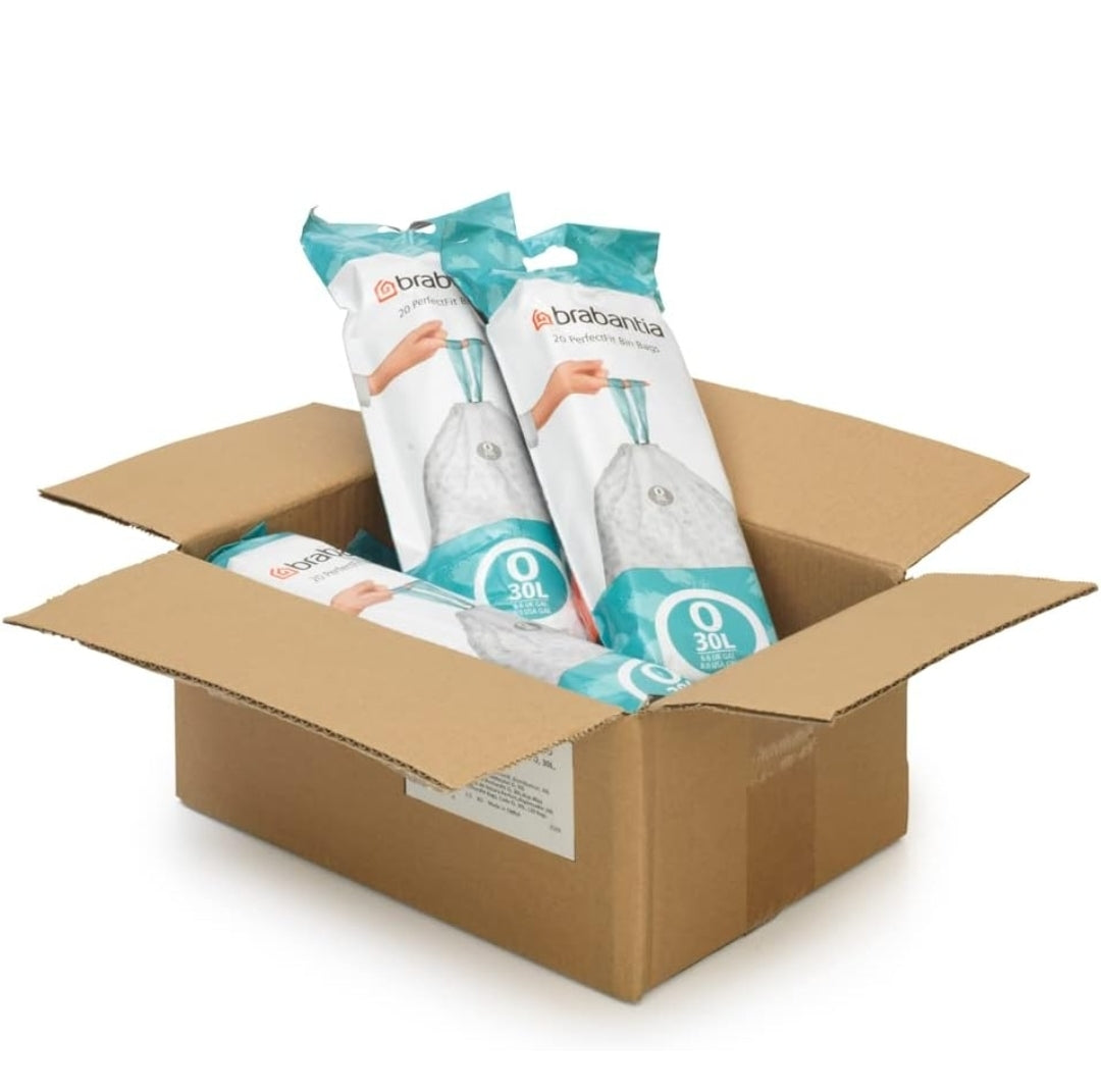 Brabantia PerfectFit Bin Liners O 30L (120 Bags) – Thick White Trash Bags with Drawstring Handles