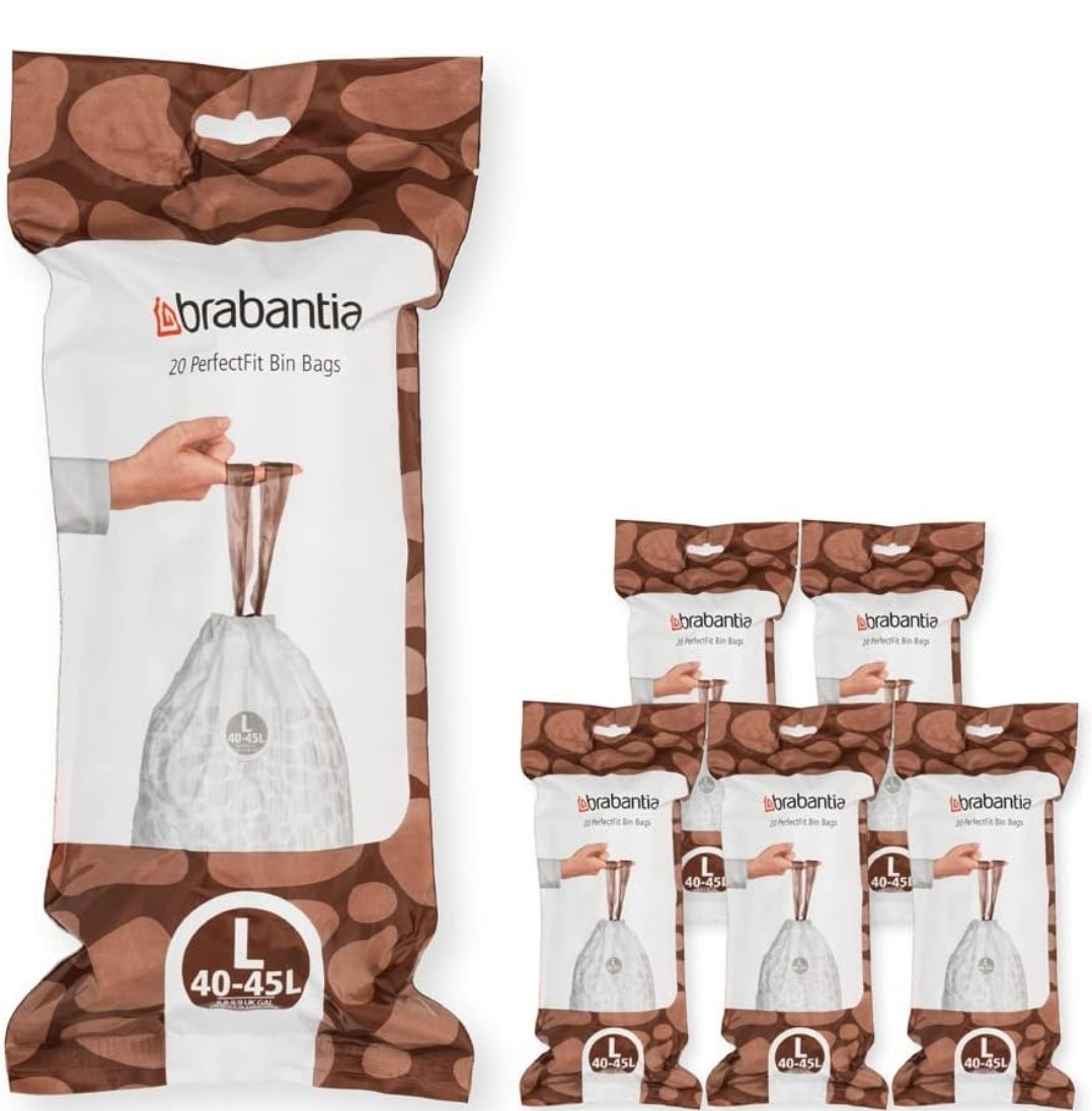 Brabantia PerfectFit Bin Liners L 40–45L (120 Bags) – Thick White Trash Bags with Drawstring Handles (6 packs)