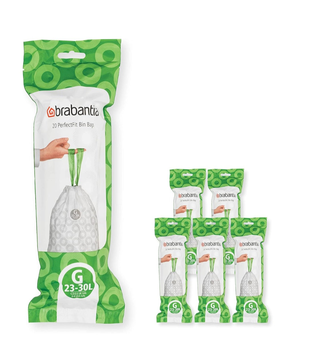 Brabantia PerfectFit Bin Liners G 23–30L (120 Bags) – Thick White Trash Bags with Drawstring Handles