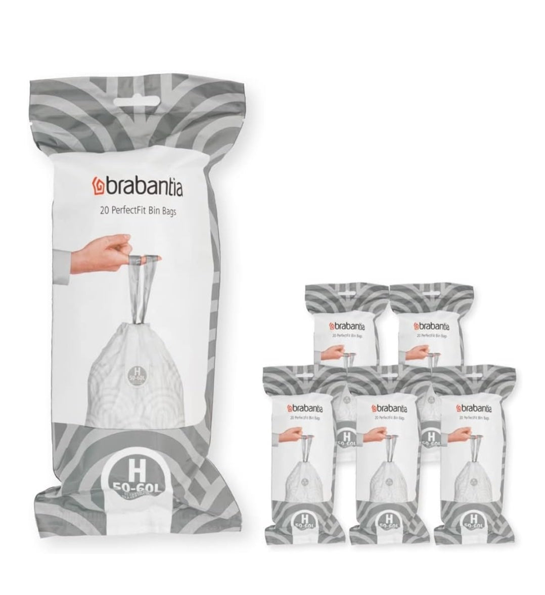 Brabantia PerfectFit Bin Liners H 50–60L (120 Bags) – Thick White Trash Bags with Drawstring Handles