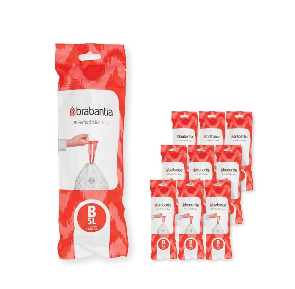 Brabantia PerfectFit Bin Liners B 5L (200 Bags) – Thick White Trash Bags with Drawstring Handles
