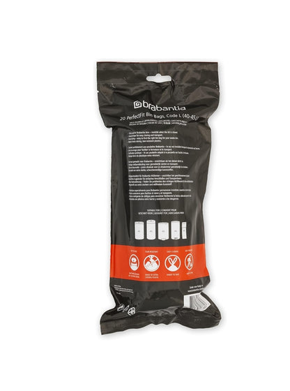Brabantia PerfectFit Bin Liners L 40–45L (120 Bags) – Thick White Trash Bags with Drawstring Handles (6 packs)