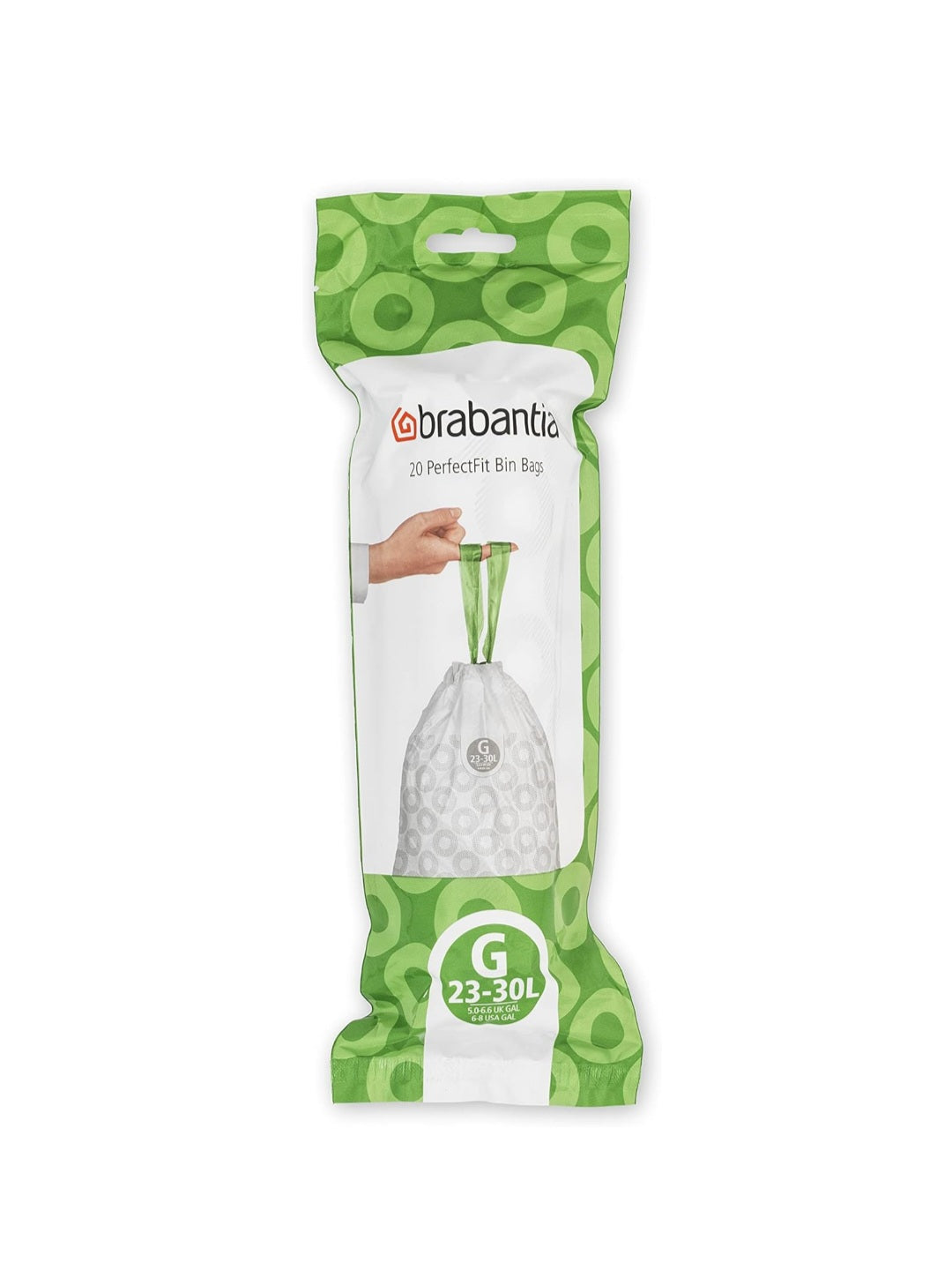 Brabantia PerfectFit Bin Liners G 23–30L (120 Bags) – Thick White Trash Bags with Drawstring Handles